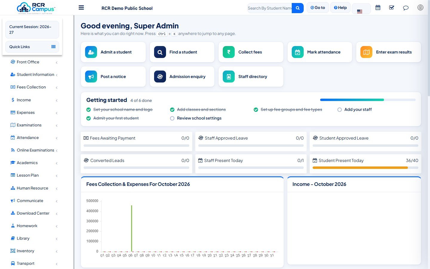 RCR Campus dashboard with quick actions and today's attendance