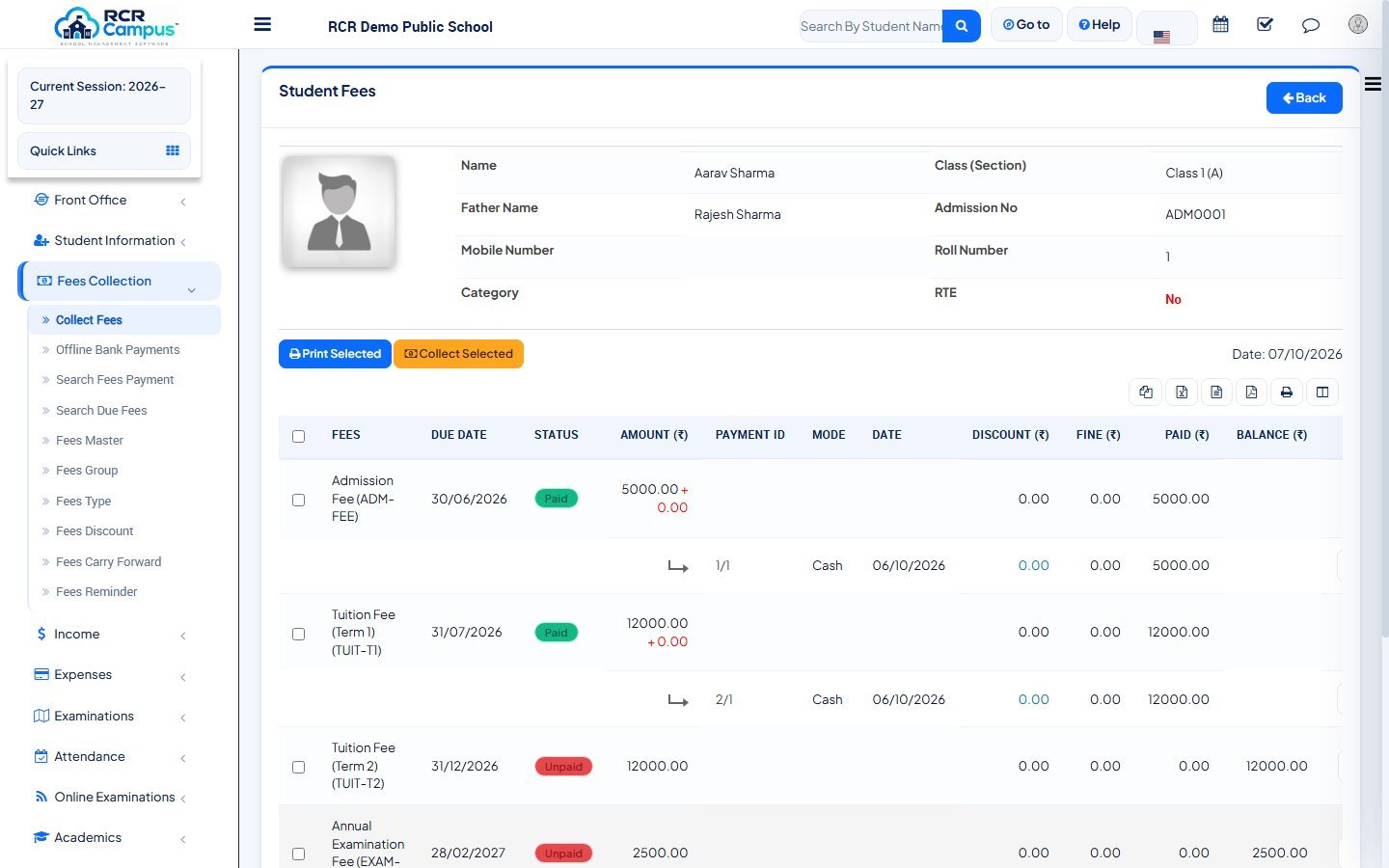Student fee page showing paid and unpaid fees