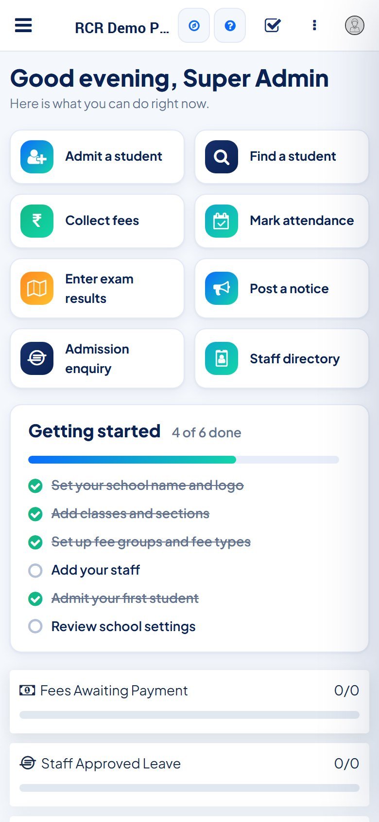 RCR Campus dashboard on a phone