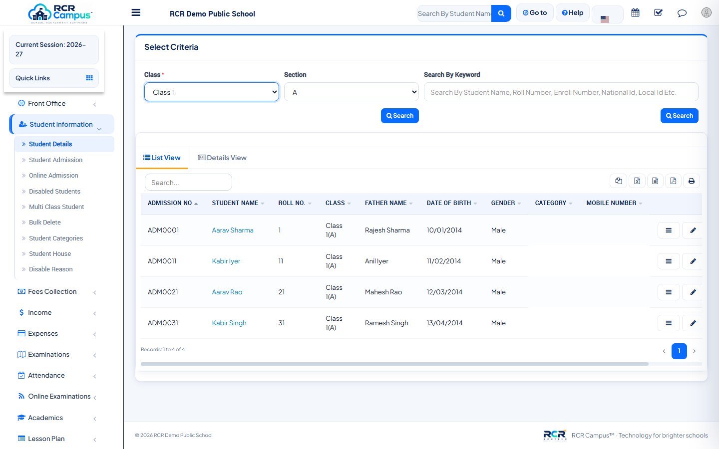Student list filtered by class and section